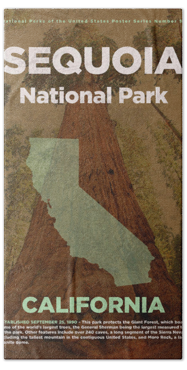 Sequoia Hand Towel featuring the mixed media Sequoia National Park in California Travel Poster Series of National Parks Number 52 by Design Turnpike