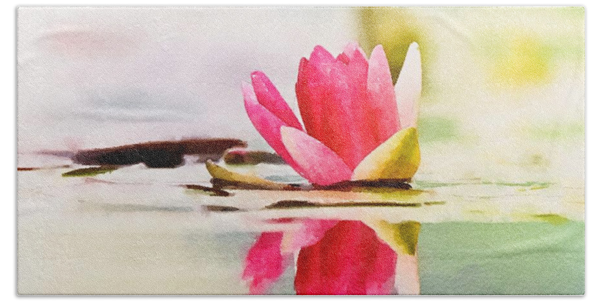 Flora Bath Towel featuring the mixed media Serene Water Lily Watercolor by Susan Rydberg