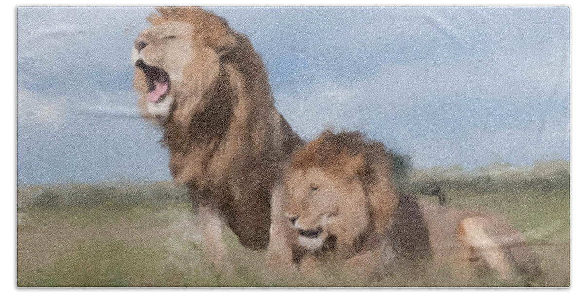 Lions Bath Towel featuring the painting Serengeti Watch by Gary Arnold