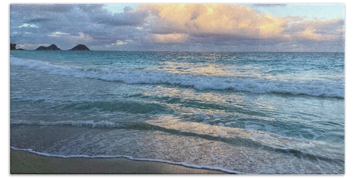 Andrea Callaway Bellows Beach Calm Ocean Sky Clouds Serenity Serene Sand Oahu Hawaii Hand Towel featuring the photograph Serenity at Bellows Beach by Andrea Callaway