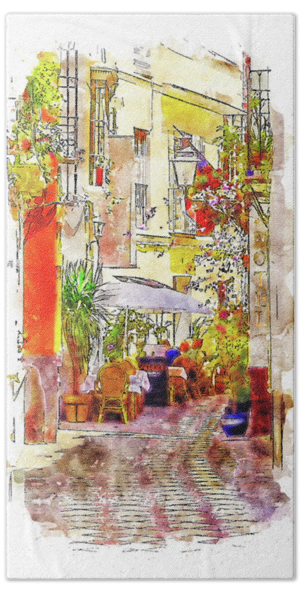 Sevilla Bath Towel featuring the painting Seville, the colorful streets of Spain - 22 by AM FineArtPrints
