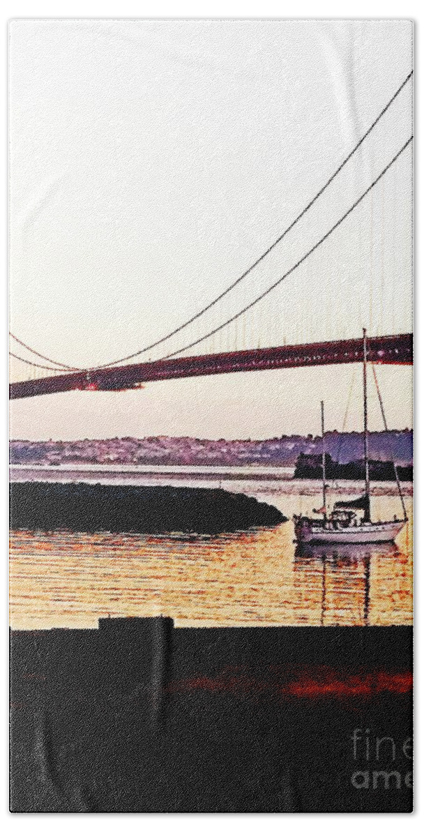 Golden Gate Bridge Bath Towel featuring the painting SF Fog Meets October Sunset by Artist Linda Marie
