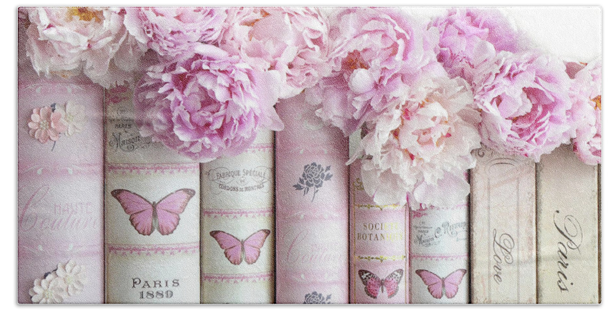Shabby Chic Pastel Pink Peonies Pink Books Decor Wall Art Prints Bath Towel