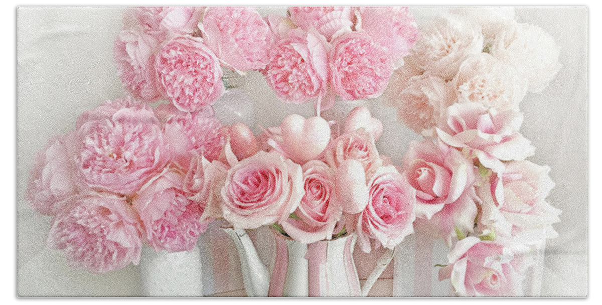 Shabby Chic Pastel Pink Roses Peony Teapot Valentine Prints Wall Art Home Decor Bath Towel by Kathy Fornal Fine Art America