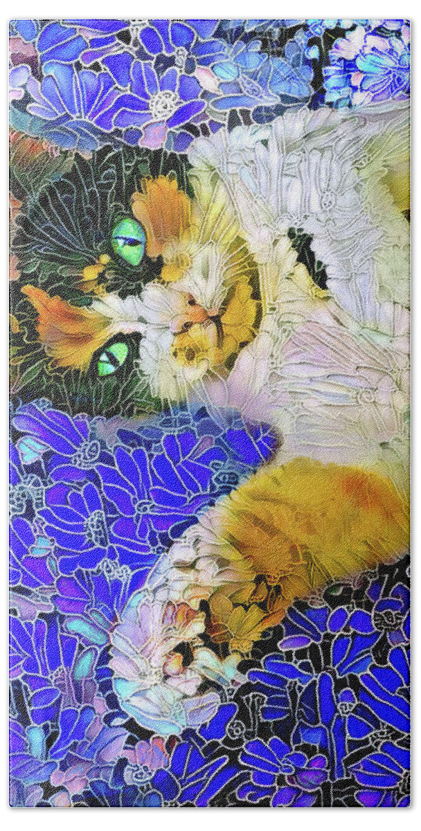 Calico Hand Towel featuring the digital art Shadow the Calico Cat Enjoying a Flower Garden by Peggy Collins