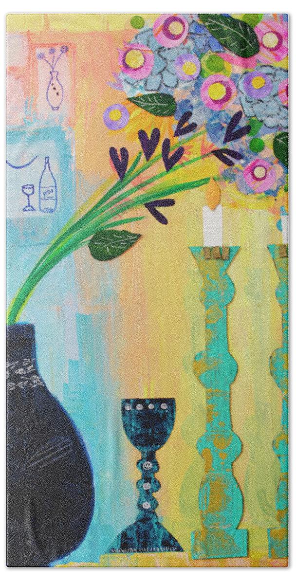 Vase Bath Towel featuring the mixed media Shalom Bayit #4 by Julia Malakoff