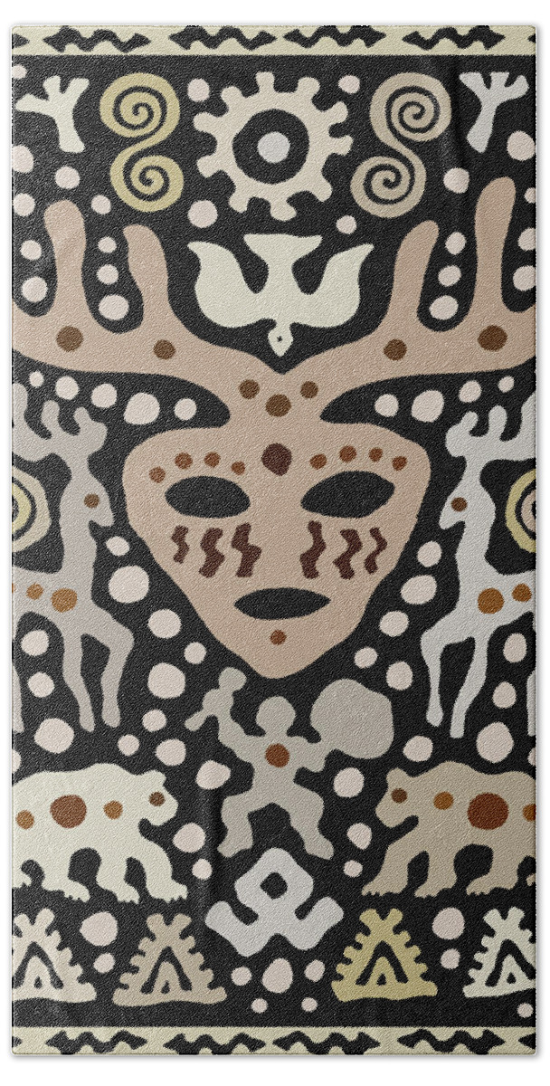 Shaman Folk Art Bath Towel featuring the drawing Shaman Fertility Ritual by Vagabond Folk Art - Virginia Vivier
