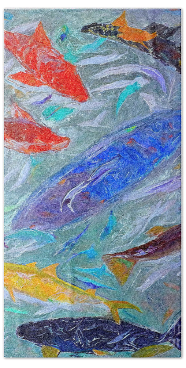 Sea Hand Towel featuring the painting Shark Painting sea red blue sky sun yellow shark fish animal aqu by N Akkash