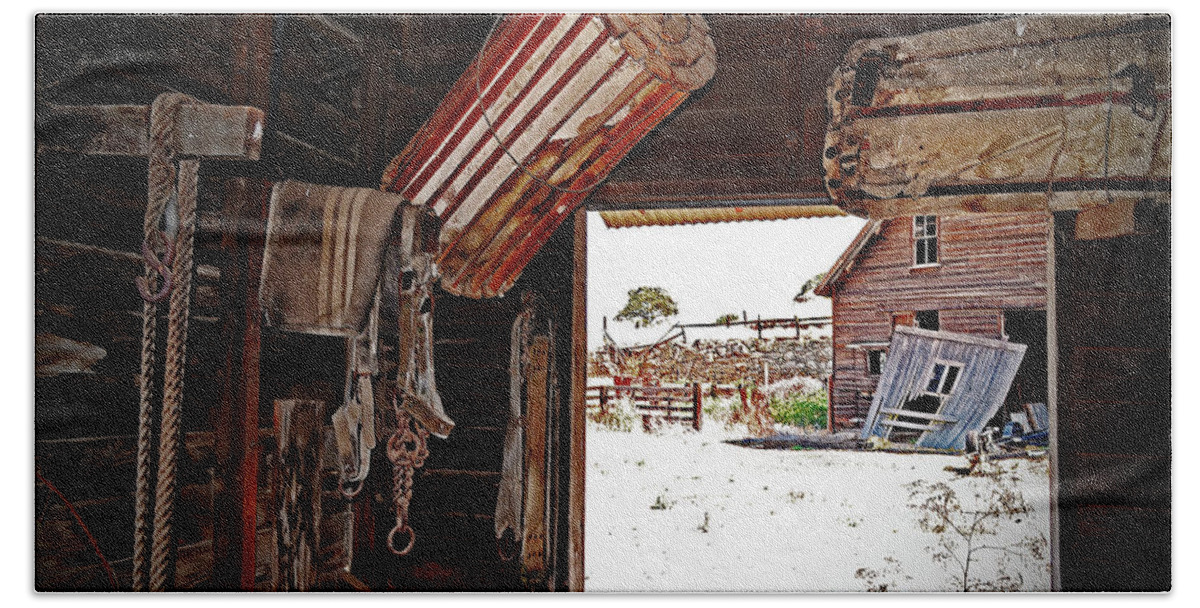  Bath Towel featuring the digital art Sharp Ranch, Tack Room by Fred Loring