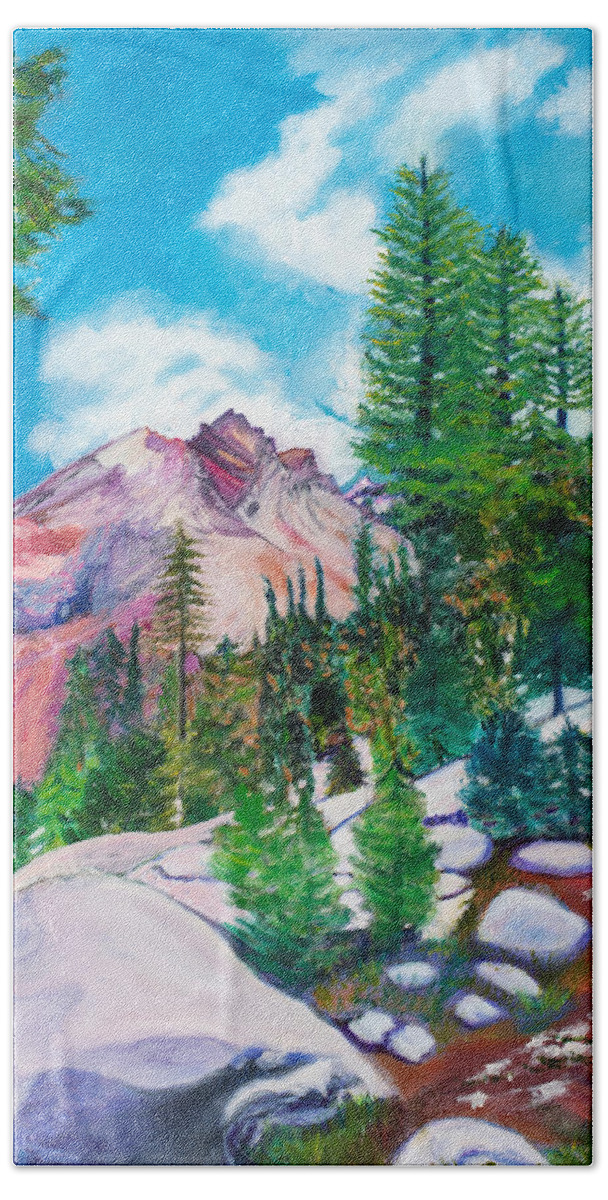 Mountain Hand Towel featuring the painting Shasta Path by Santana Star