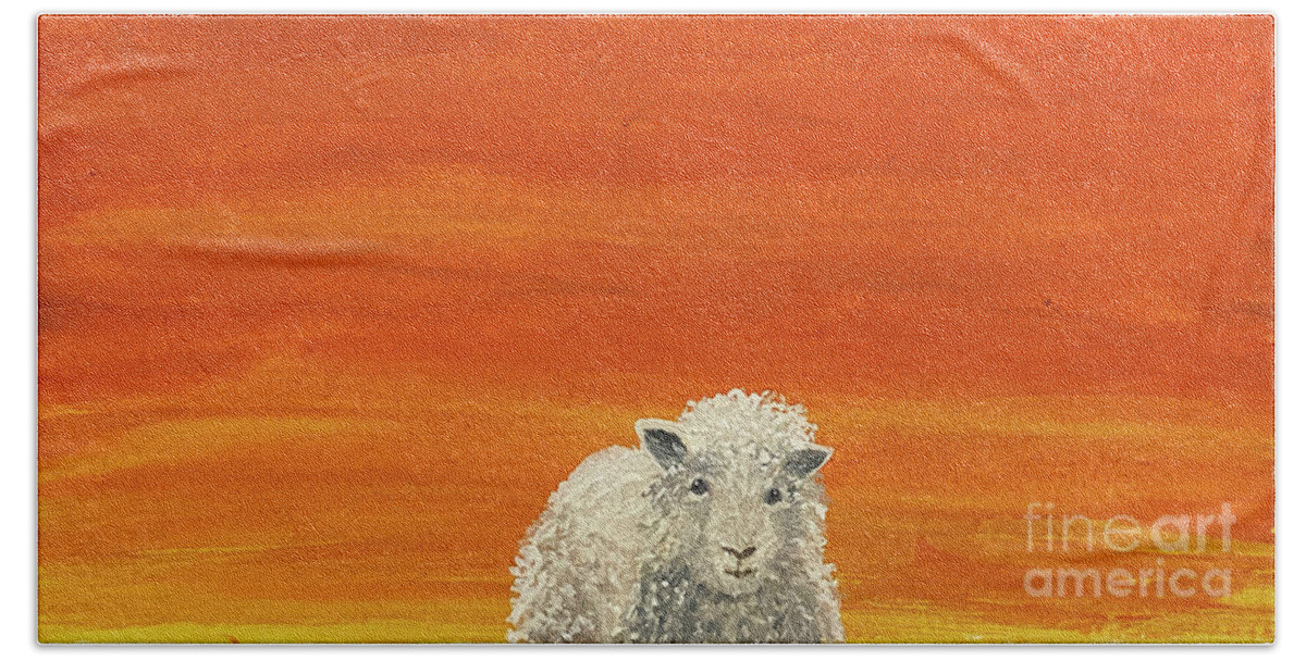 Sunset Hand Towel featuring the painting Sheep at Sunset by Lisa Neuman