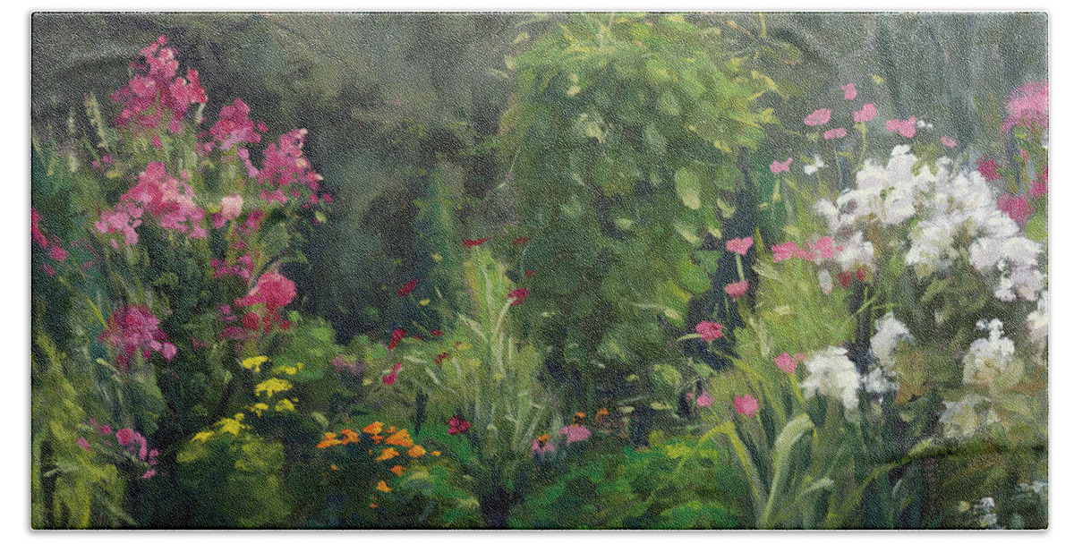 Landscape Bath Towel featuring the painting Shelly's Garden by Rick Hansen