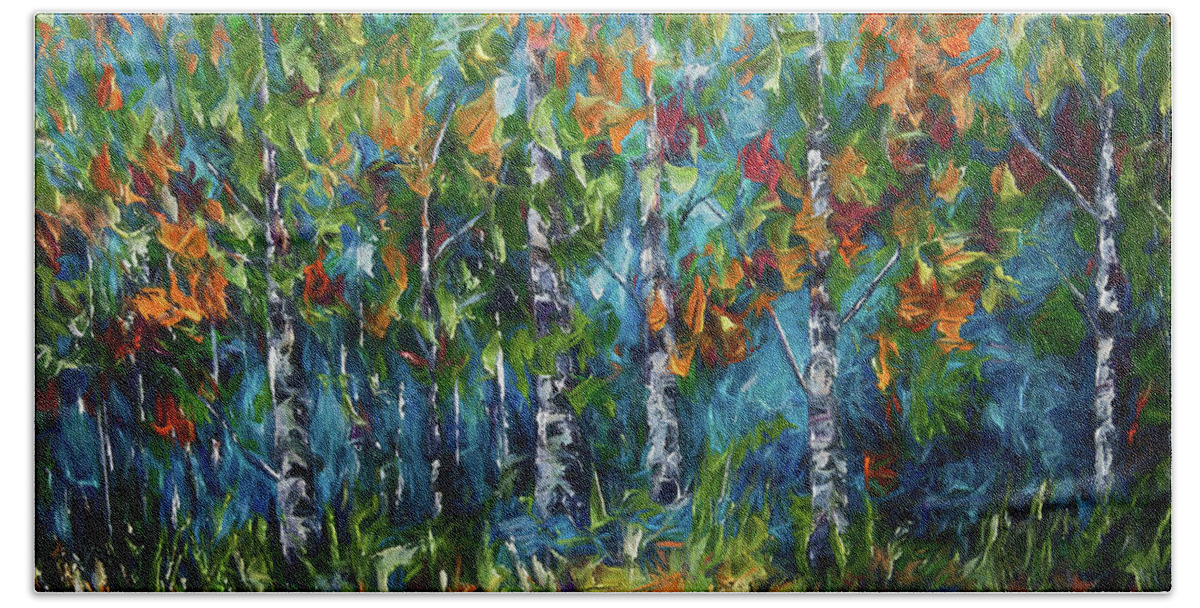 Impressionism Bath Towel featuring the digital art Shimmer In The Woods by OLena Art by Lena Owens - OLena Art Vibrant Palette Knife and Graphic Design