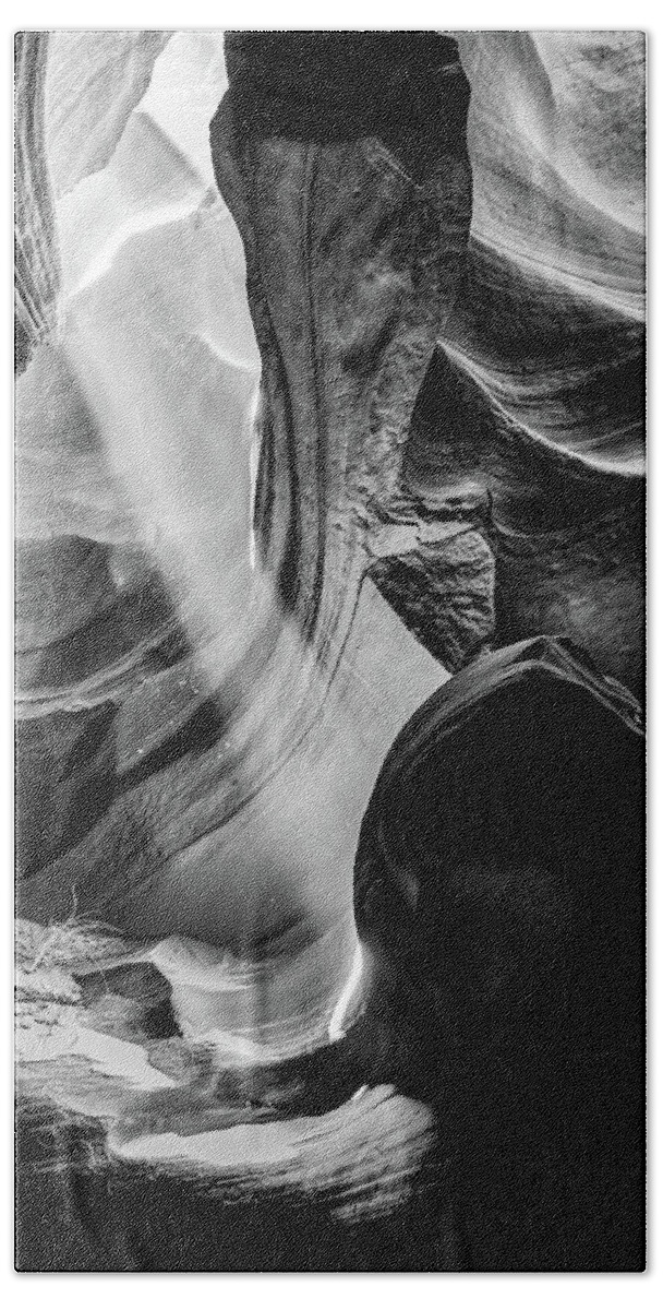 Antelope Canyon Hand Towel featuring the photograph Shining Light Into Antelope Canyon - Page Arizona - Black and White by Gregory Ballos