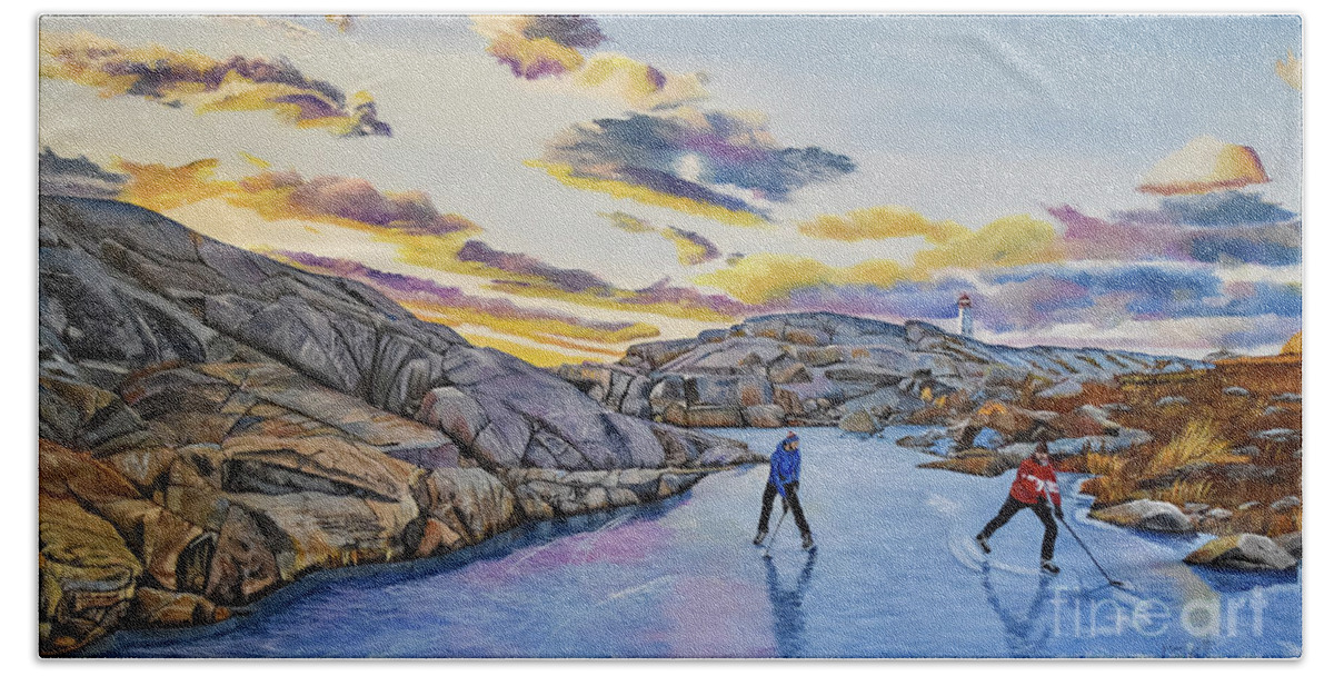 Shinny Bath Towel featuring the painting Shinny at Rock Pool Pond by Marilyn McNish