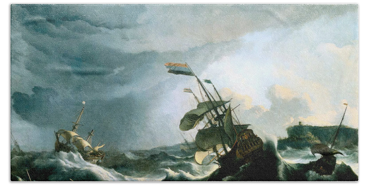 Ships Bath Towel featuring the photograph Ships in Distress in a Heavy Storm by Ludolf Backhuysen