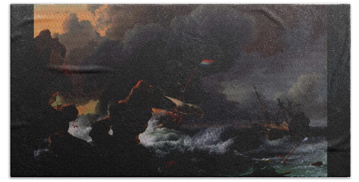 Ships In Distress Off A Rocky Coast Bath Towel featuring the painting Ships In Distress Off A Rocky Coast by Ludolf Bakhuizen Classical Art Reproduction by Rolando Burbon