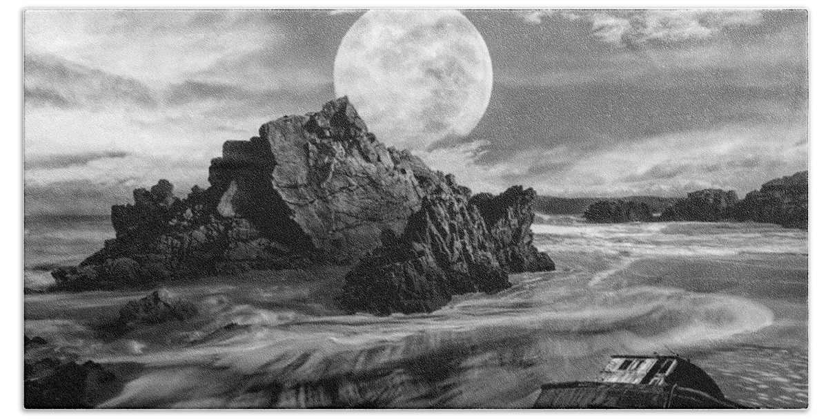 Boats Bath Towel featuring the photograph Shipwreck under the Moon Black and White by Debra and Dave Vanderlaan