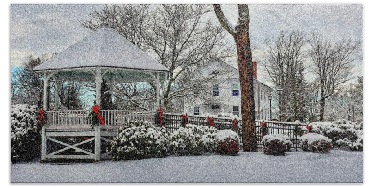 Shrewsbury Hand Towel featuring the photograph Shrewsbury Town Common covered in snow by Monika Salvan