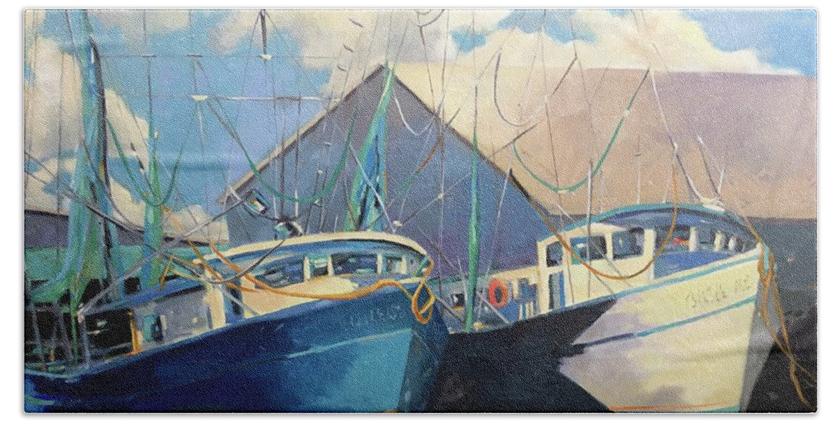 Shrimp Boats Bath Towel featuring the painting Shrimp Boats by Chris Gholson
