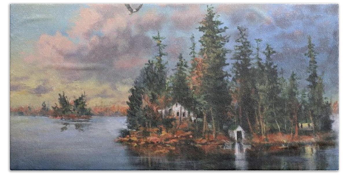 Wisconsin Hand Towel featuring the painting Shropshire Island by Tom Shropshire
