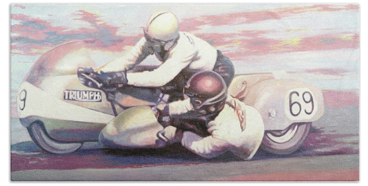 Triumph Hand Towel featuring the painting Sidecar racing by Hans Droog