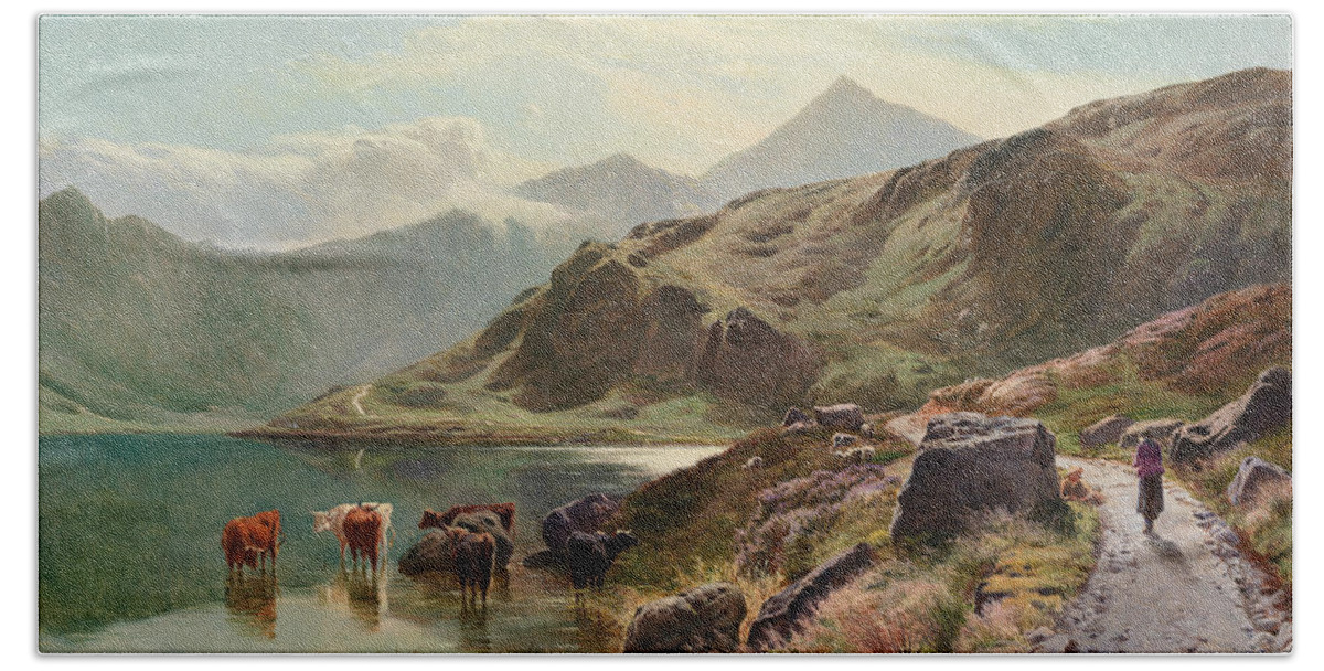 Sidney Richard Percy (british Bath Towel featuring the painting SIDNEY RICHARD PERCY Cattle watering near Snowdonia by Artistic Rifki