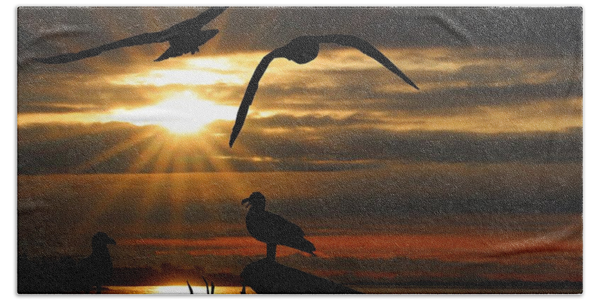 Seagulls Bath Towel featuring the mixed media Silhouetted Seagulls by Kimberly Furey