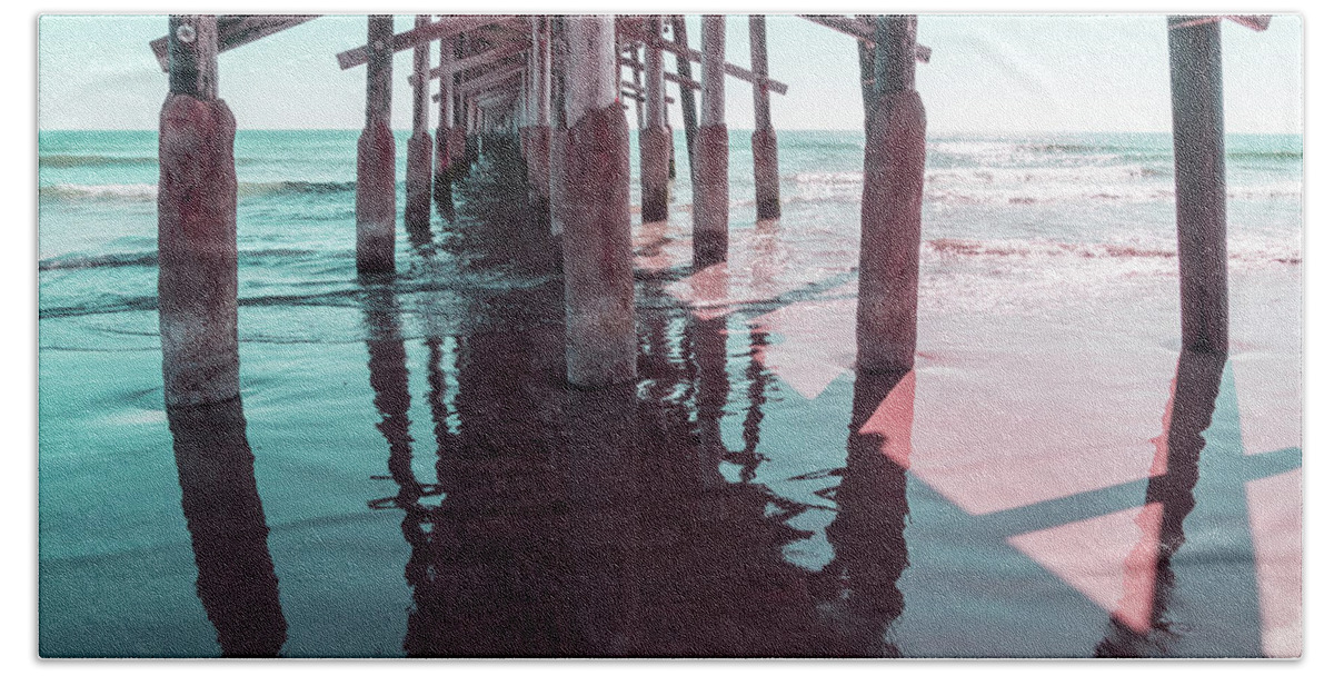 Silky Reflection Bath Towel featuring the photograph Silky Reflections in Mint Green and Pink - Californian Cool Under the Newport Beach Pier by Georgia Mizuleva
