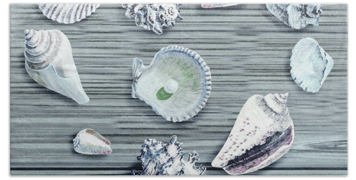 Shell Heart Bath Towel featuring the painting Silver Gray Seashells Heart On Ocean Shore Wooden Deck Beach House Art by Irina Sztukowski