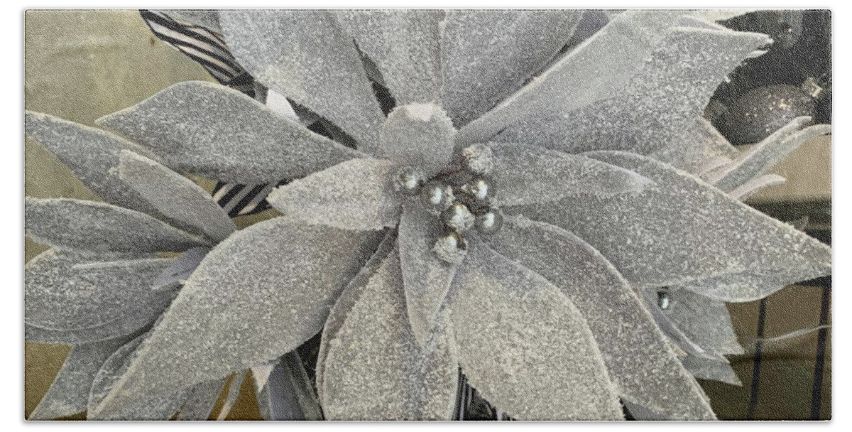 Silver Bath Towel featuring the photograph Silver Sparkling Poinsettia by Brenna Woods