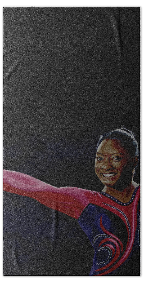 Simone Biles Hand Towel featuring the painting Simone Biles Painting by Paul Meijering