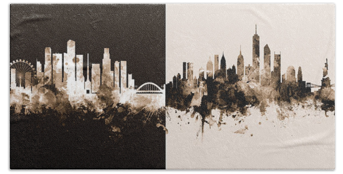 Singapore Hand Towel featuring the digital art Singapore and New York Skyline Mashup by Michael Tompsett