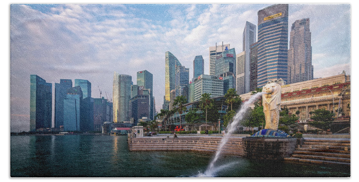 Architecture Hand Towel featuring the digital art Singapore and the Merlion by Kevin McClish