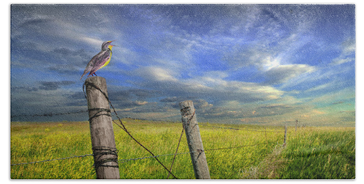 Wildlife Bath Towel featuring the photograph Singing Meadowlark perched on a Fence Post by Randall Nyhof
