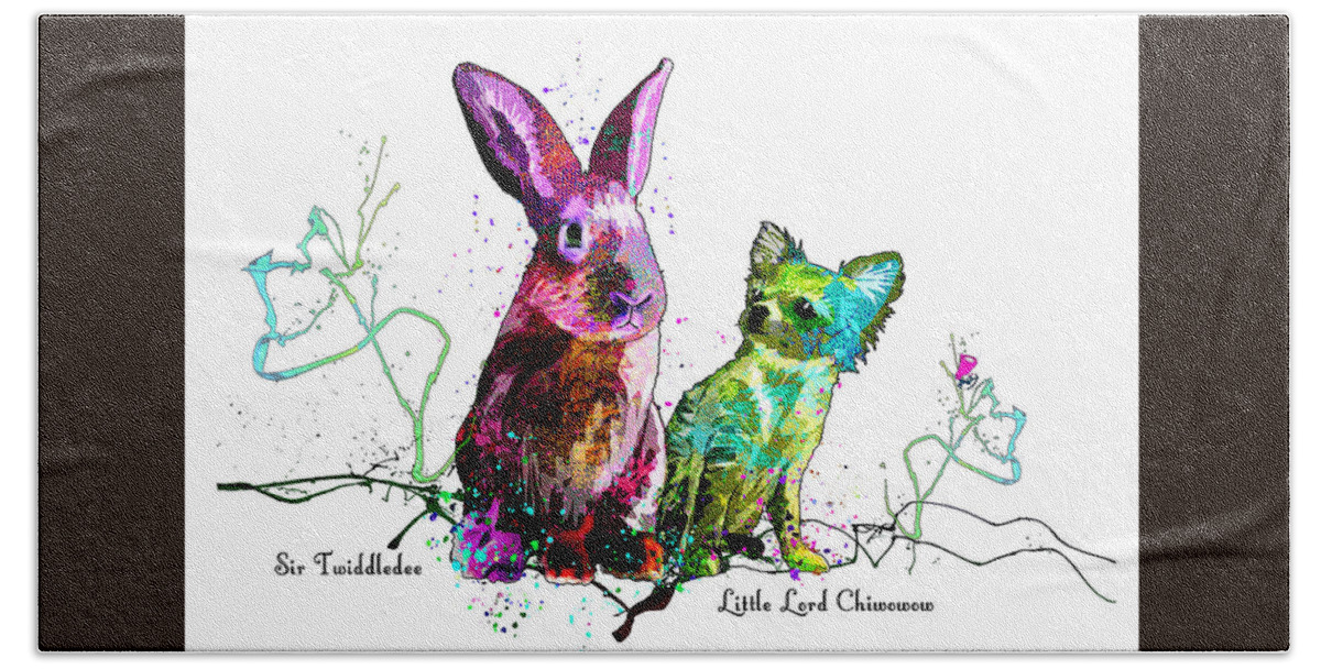 Rabbit Bath Towel featuring the mixed media Sir Twiddledee And Little Lord Chiwowow by Miki De Goodaboom