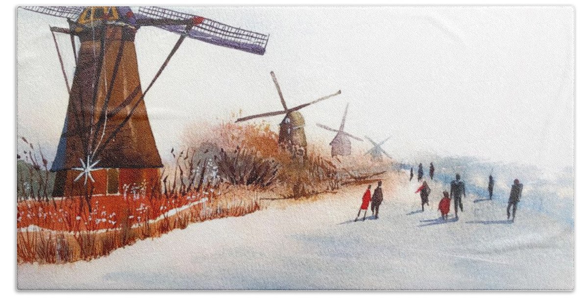 Watercolor Hand Towel featuring the painting Skating by the Windmills by Tanya Gordeeva