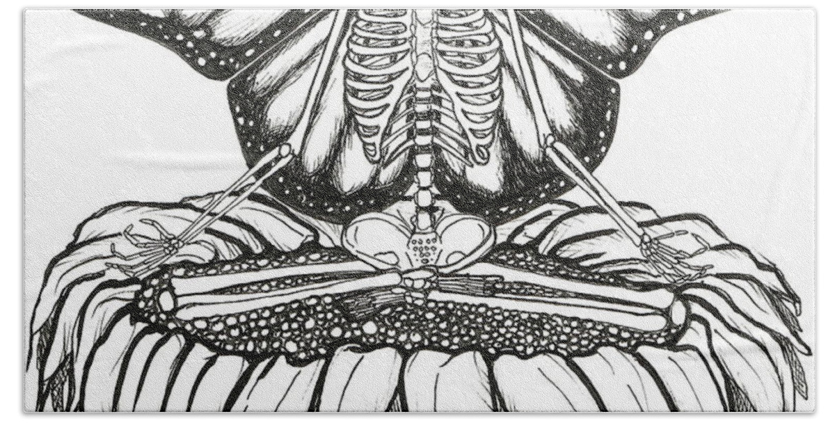 Skeleton Bath Towel featuring the drawing Skeleton Fairy on Flower by Kathy Pope