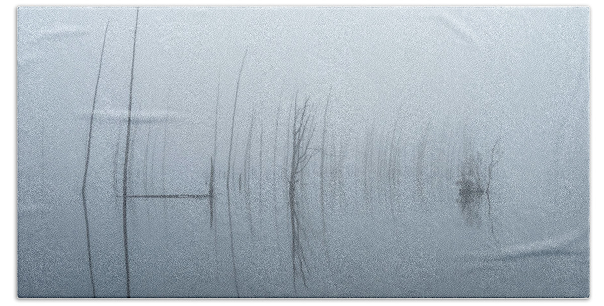 Makepeace Lake Bath Sheet featuring the photograph Skeleton Trees In The Fog by Kristia Adams