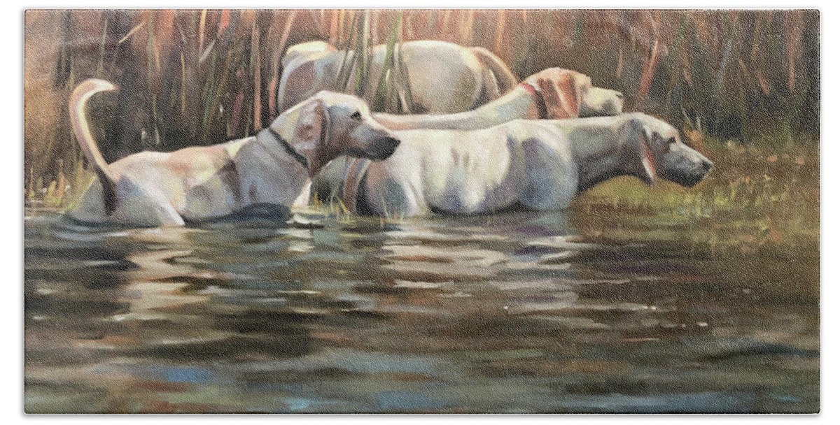 Hounds Dogs Painting Portrait Foxhounds Water Contemporary Bath Towel featuring the painting Skinny Dipping by Susan Bradbury