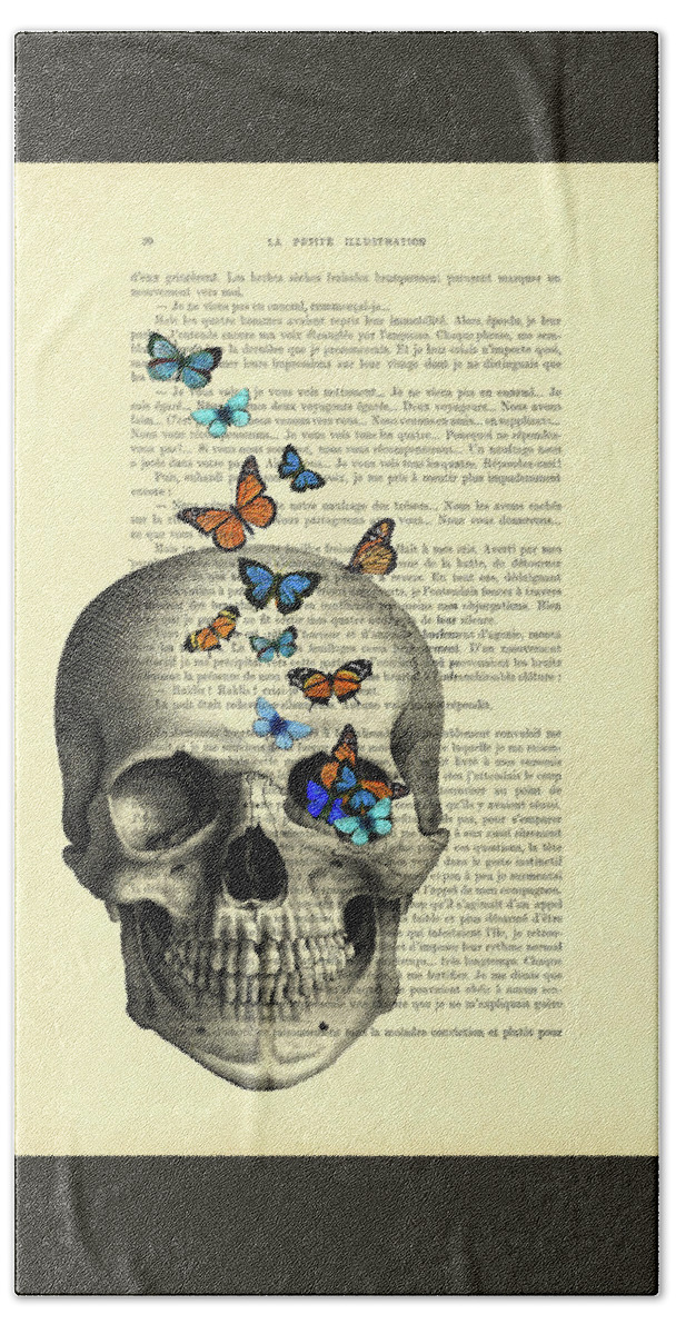 Human Skull Hand Towel featuring the digital art Skull and butterflies book page art by Madame Memento