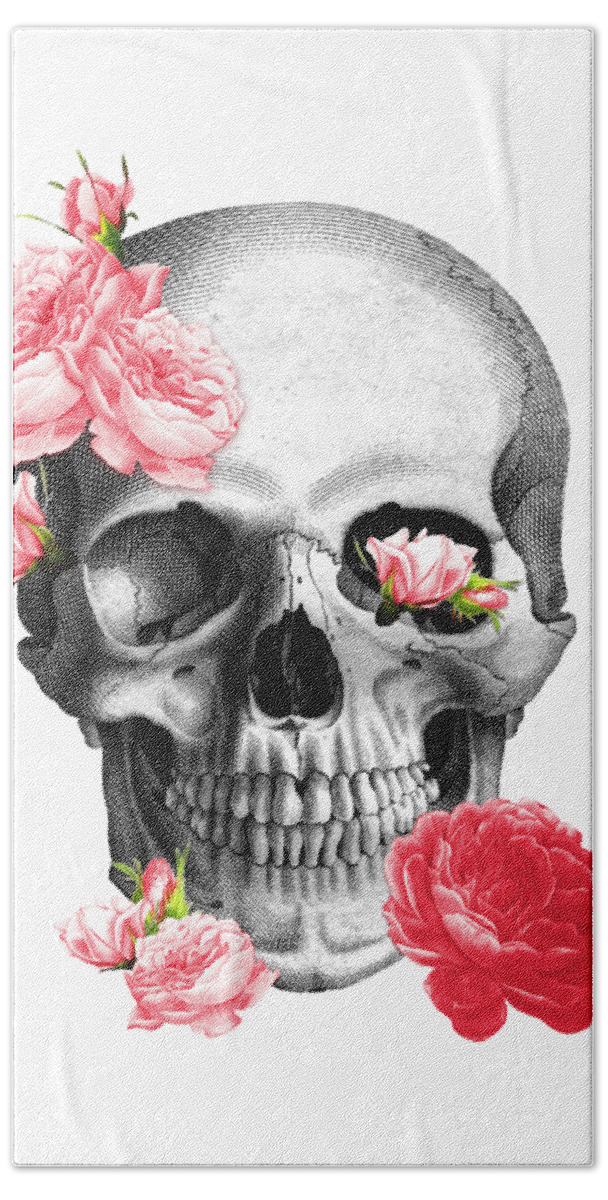 Skull Bath Sheet featuring the digital art Skull with pink roses framed art print by Madame Memento