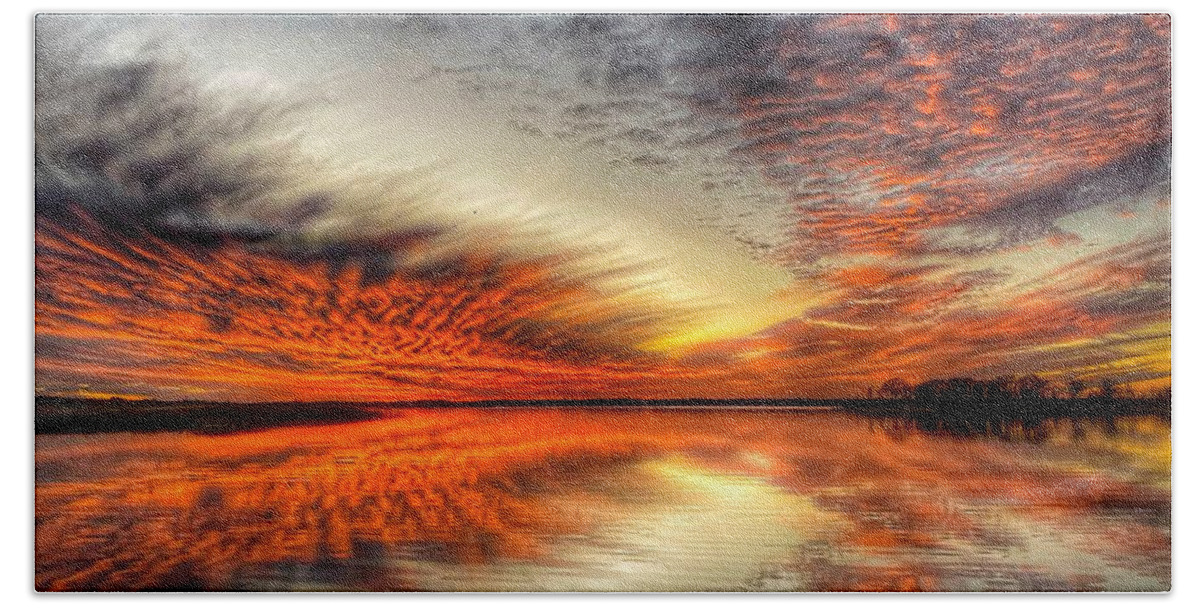 Sunset Bath Towel featuring the photograph Sky on Fire by Pam Rendall