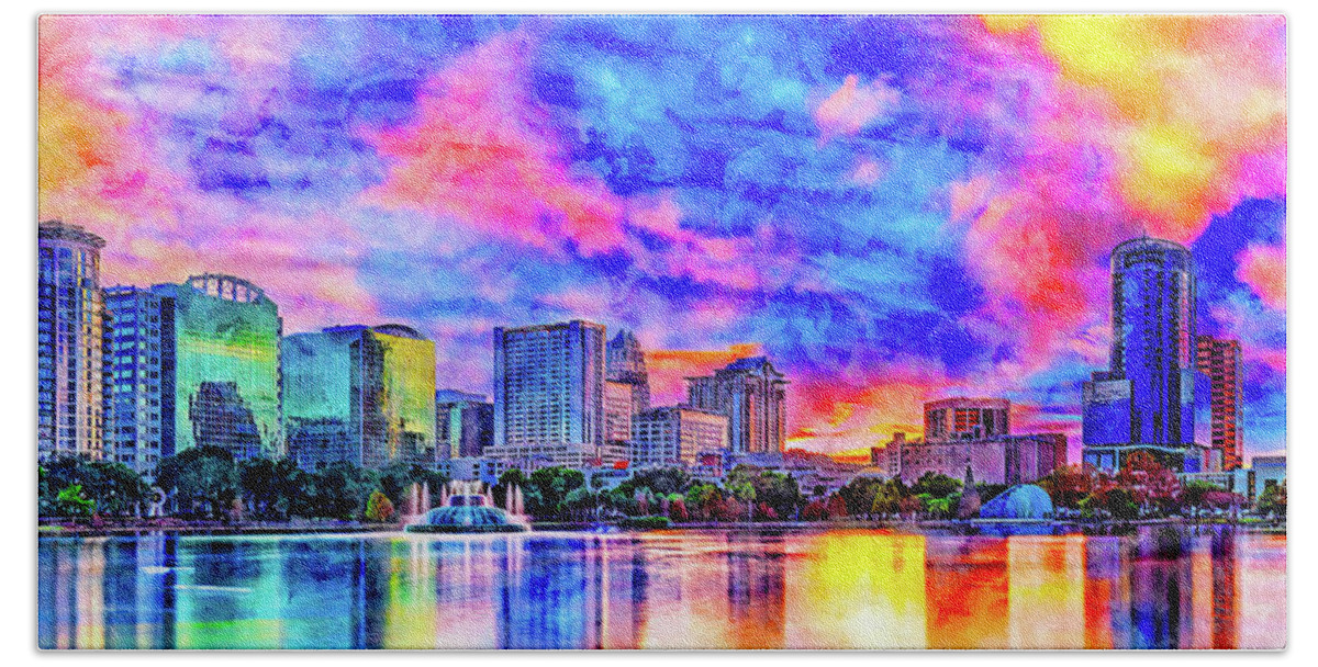Downtown Orlando Bath Towel featuring the digital art Skyline of downtown Orlando, Florida, seen at sunset from lake Eola - ink and watercolor by Nicko Prints