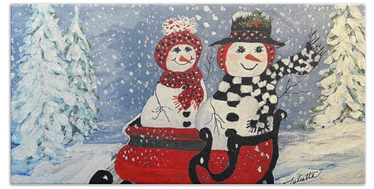 Snowman Hand Towel featuring the painting Sleighride in the Snow by Juliette Becker