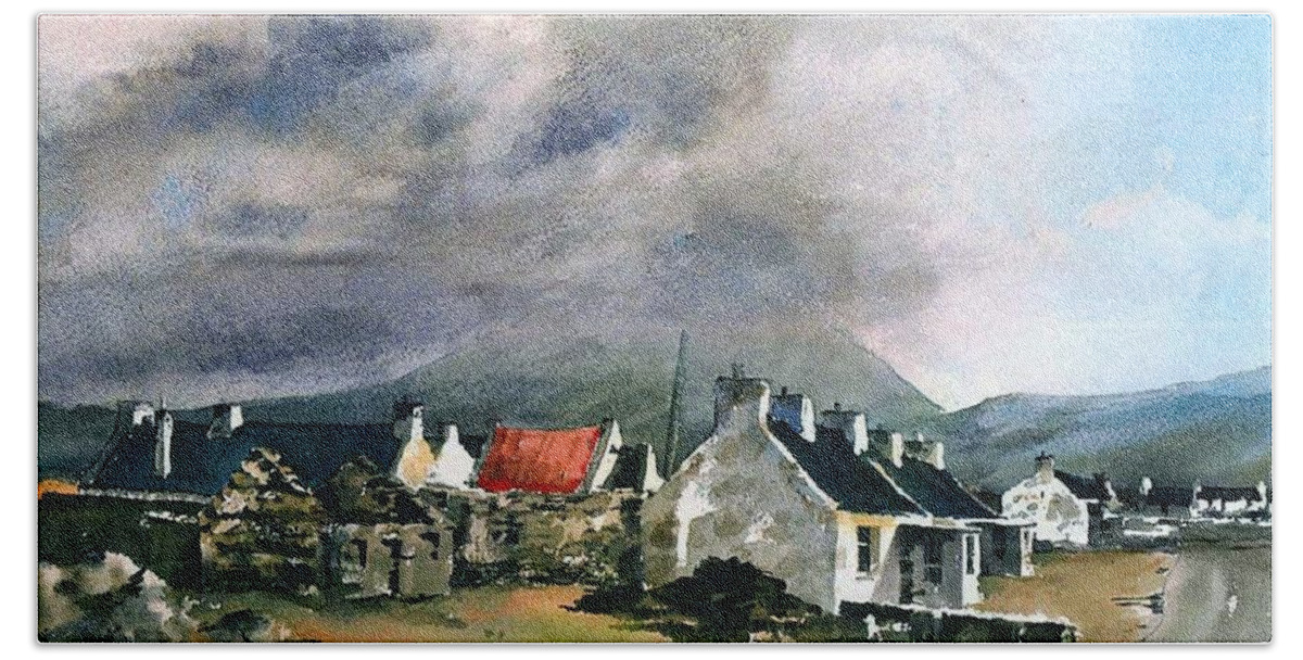  Bath Towel featuring the painting Slieve Mor from Keel village, Achill by Val Byrne