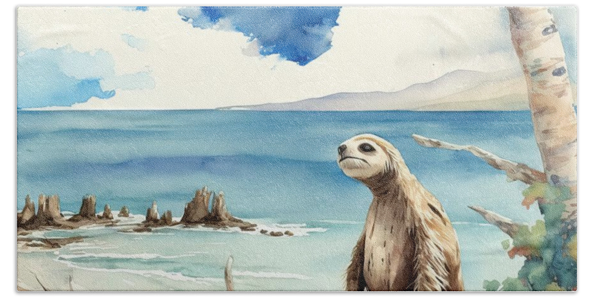 Animal Hand Towel featuring the painting Sloth At Beach by N Akkash