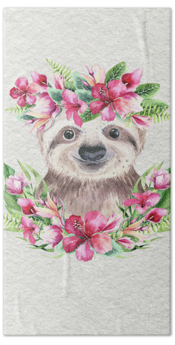 Sloth With Flowers Hand Towel featuring the painting Sloth With Flowers by Nursery Art