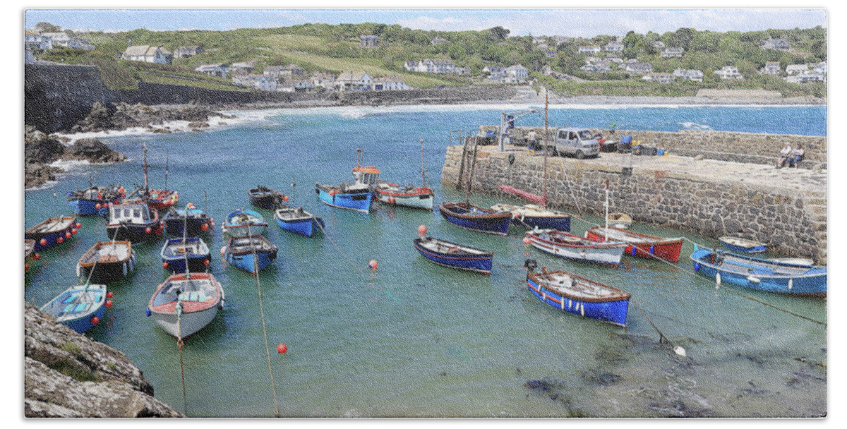 Coverack Bath Towel featuring the photograph The small harbour Coverack, Cornwall. by Tony Mills