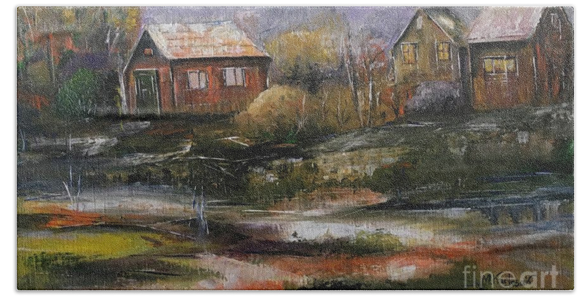 Village Hand Towel featuring the painting Small Village by Maria Karlosak